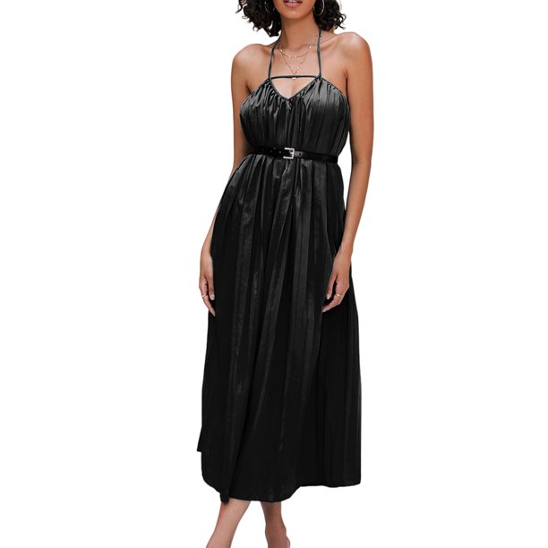 Vestido Halter Plisado Vestido halter plisado para mujer Vestidos con espalda abierta Color sólido Vestido sexy (Negro S) Ygjytge para Mujer Negro T L