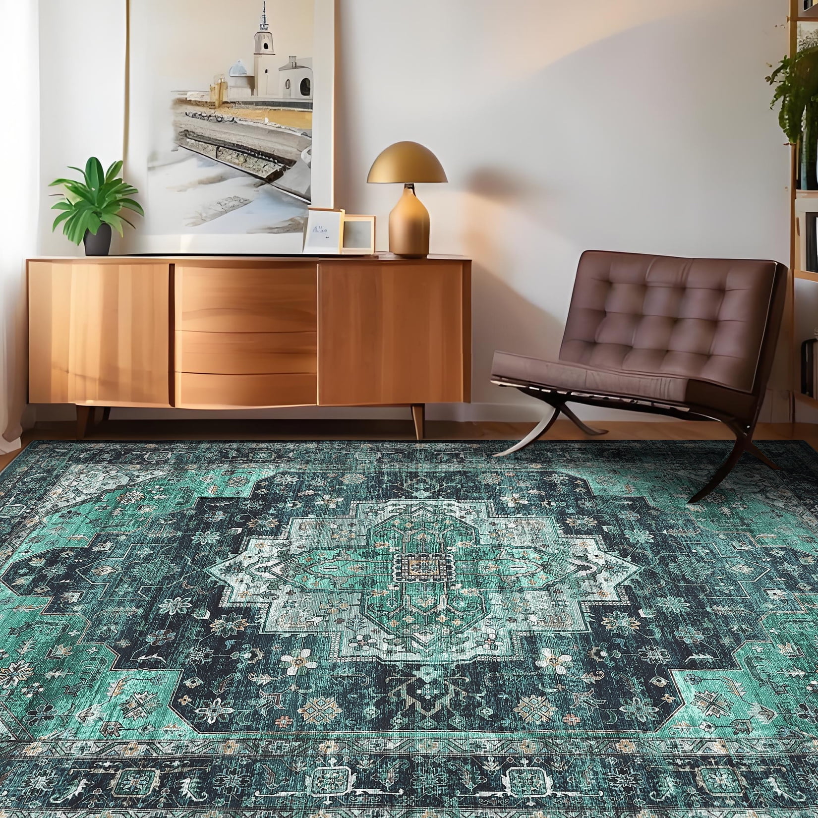 Hasoo Area Rug 5' x 7' Rugs for Living Room Washable Rugs Vintage Distressed Indoor Rug Carpet Soft Lightweight Foldable Nonslip Rug Turquoise