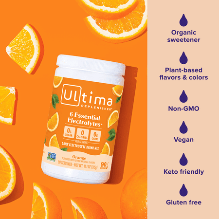 Ultima Replenisher Hydration Electrolyte Powder Drink Mix, Keto, Sugar-Free Orange, 90 Servings