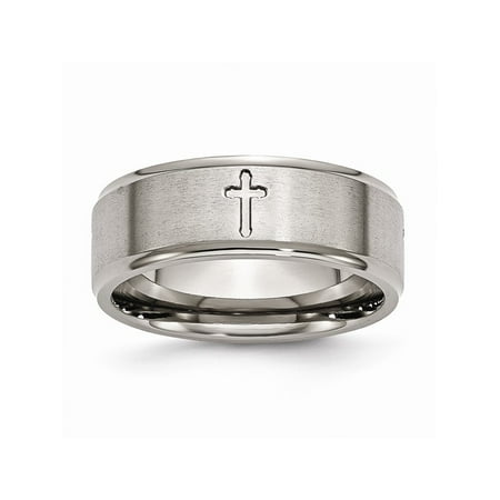 - Mens Titanium Ridged Edge Cross 8mm Brushed and Polished Wedding Band Ring Size 13