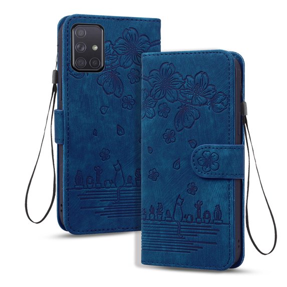 Allytech for Samsung Galaxy A51 6.5" 2020 Case, PU Leather Flip Wallet Case with Cart Slot Hand Strap and Kickstand Shockproof Protective Case for A51 Ladies Women Girls Men, Blue