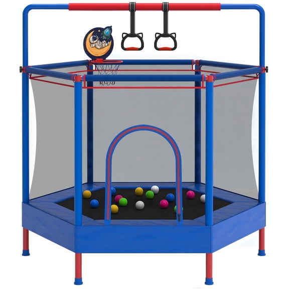 60" Mini Trampoline for Kids with Safety Enclosure Net, SHINPT Indoor & Outdoor Trampoline with Adjustable Gymnastics Bars and Rust-Resistant Steel Frame, Small Trampoline for Boys & Girls