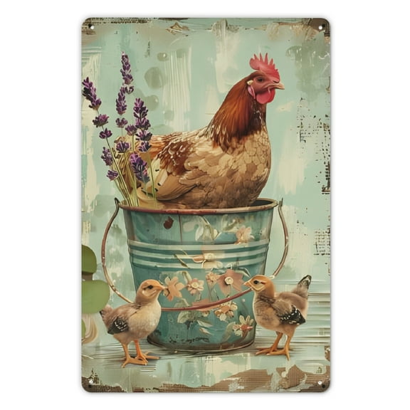 2D Flat, 1pc Rustic Farmhouse Iron Wall Art - Vintage Chicken & Chicks in Flower Bucket Metal Sign, 8x12 Inch Weather-Resistant Indoor/Outdoor Decor with Pre-Drilled Holes, Country Kitchen