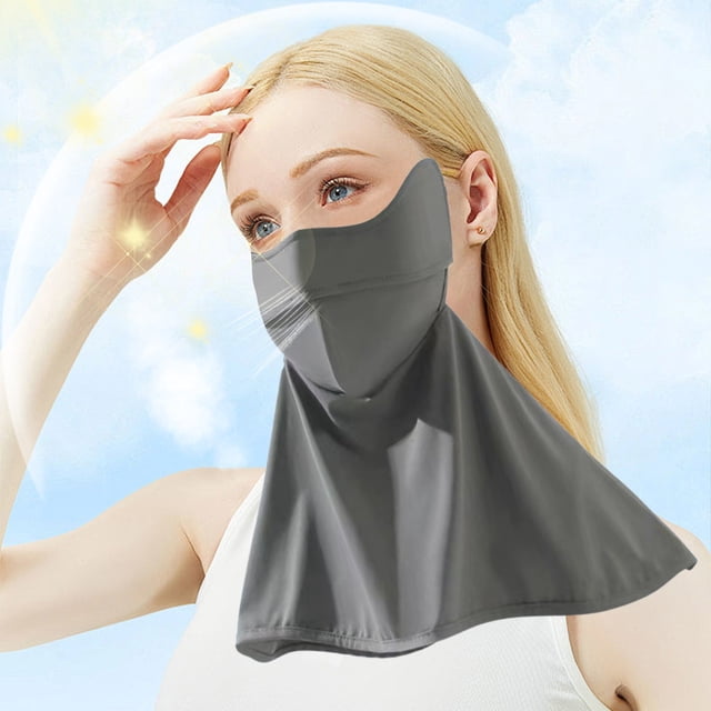 cubrebocas facial de protección solar para mujer | nailon gris oscuro en vista frontal centrada, cubre la nariz y se extiende en caída triangular hasta el pecho; tejido liso, transpirable y de secado rápido, medidas 24 x 22 x 42 cm; fondo cielo claro, adecuado para ciclismo al aire libre y uso deportivo.