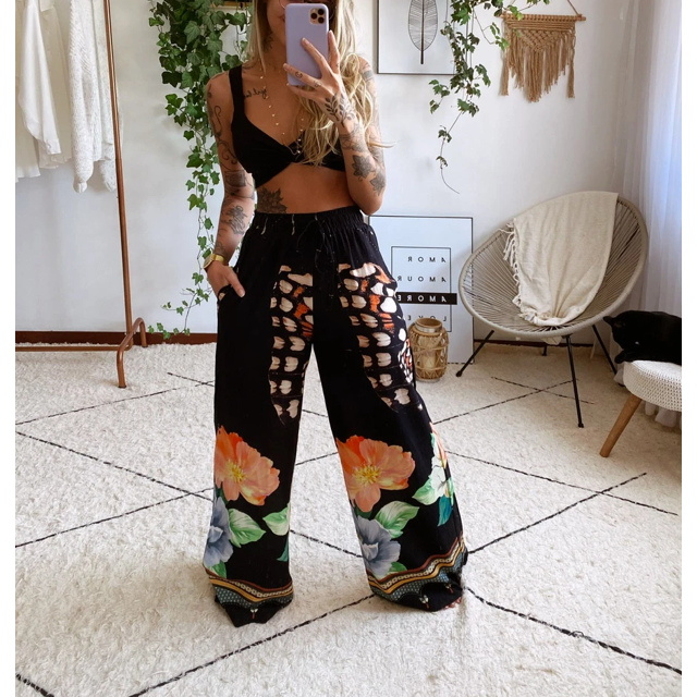 Kmbangi Women Casual Two-piece Clothes Set, White Butterfly Printed Pattern Tops + Long Pants