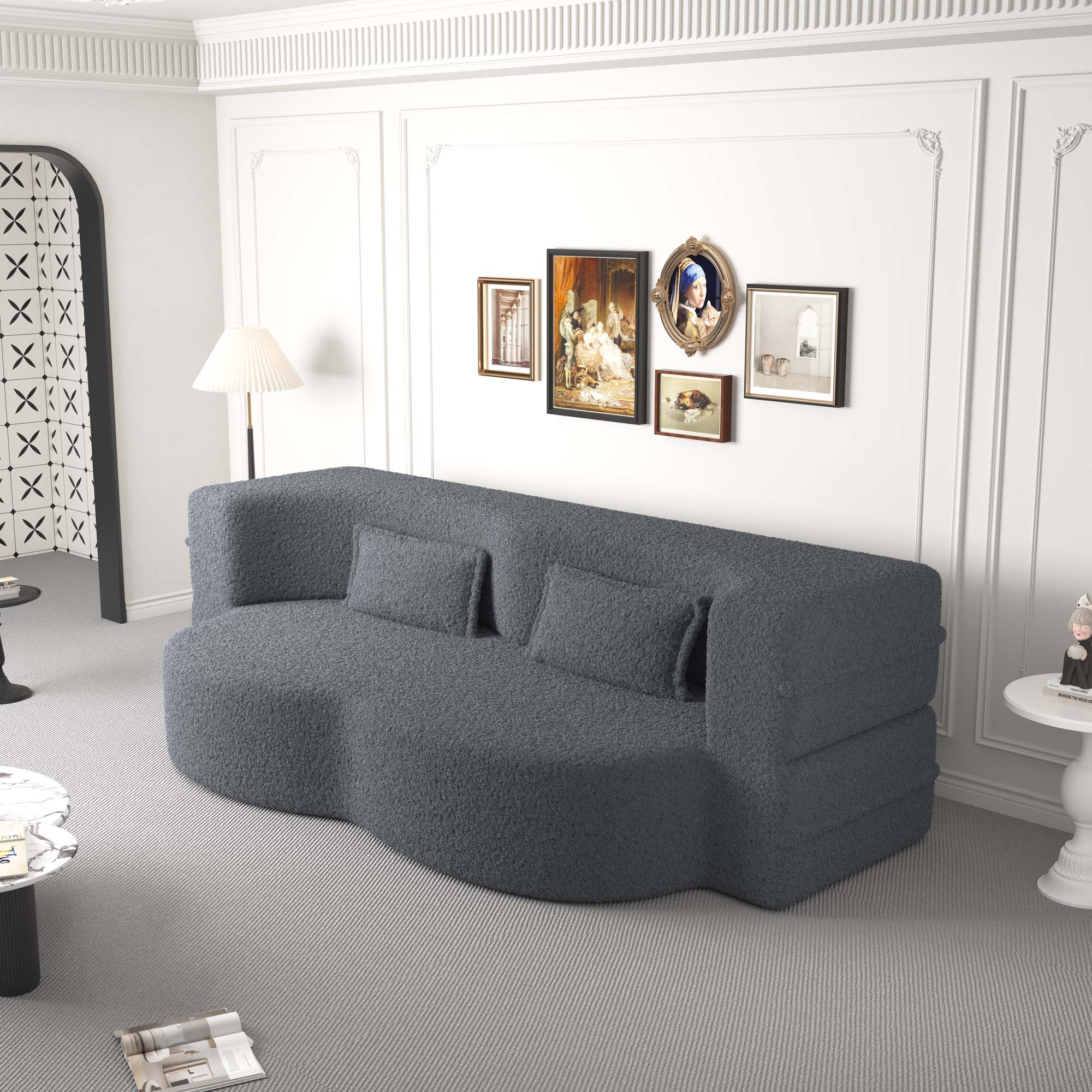 Miniyam Floor Sofa with 2 Pillows, Convertible Teddy Fabric Foam-Filled Sleeper Sofa Bed, Grey