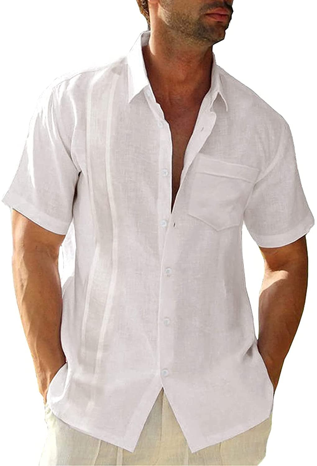 Mens Cotton Linen Short Sleeve Shirts 