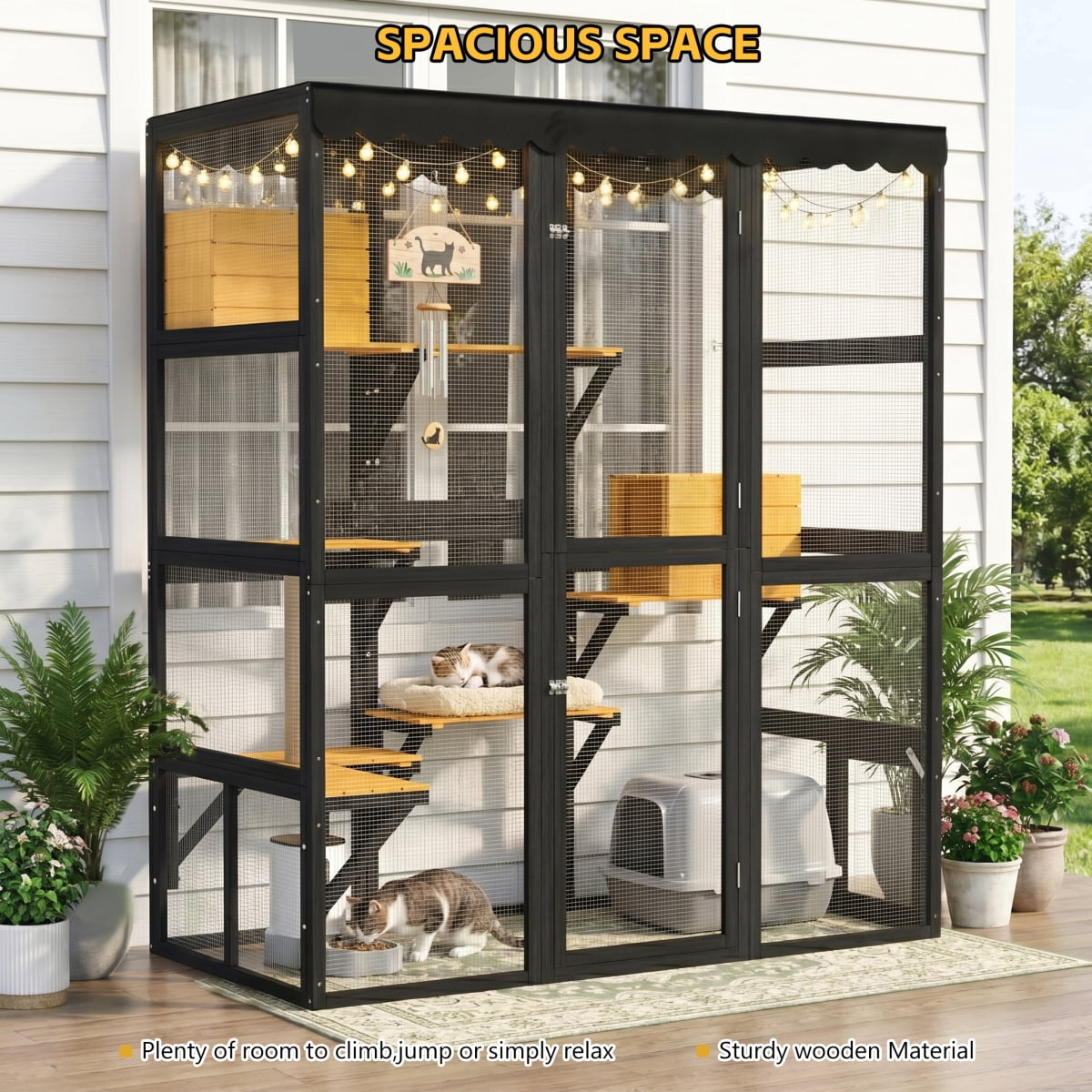 FENGFAN Large Wooden Outdoor Catio Cat Enclosure with 2 Condos 5 Platforms Window Connection 1 Pack