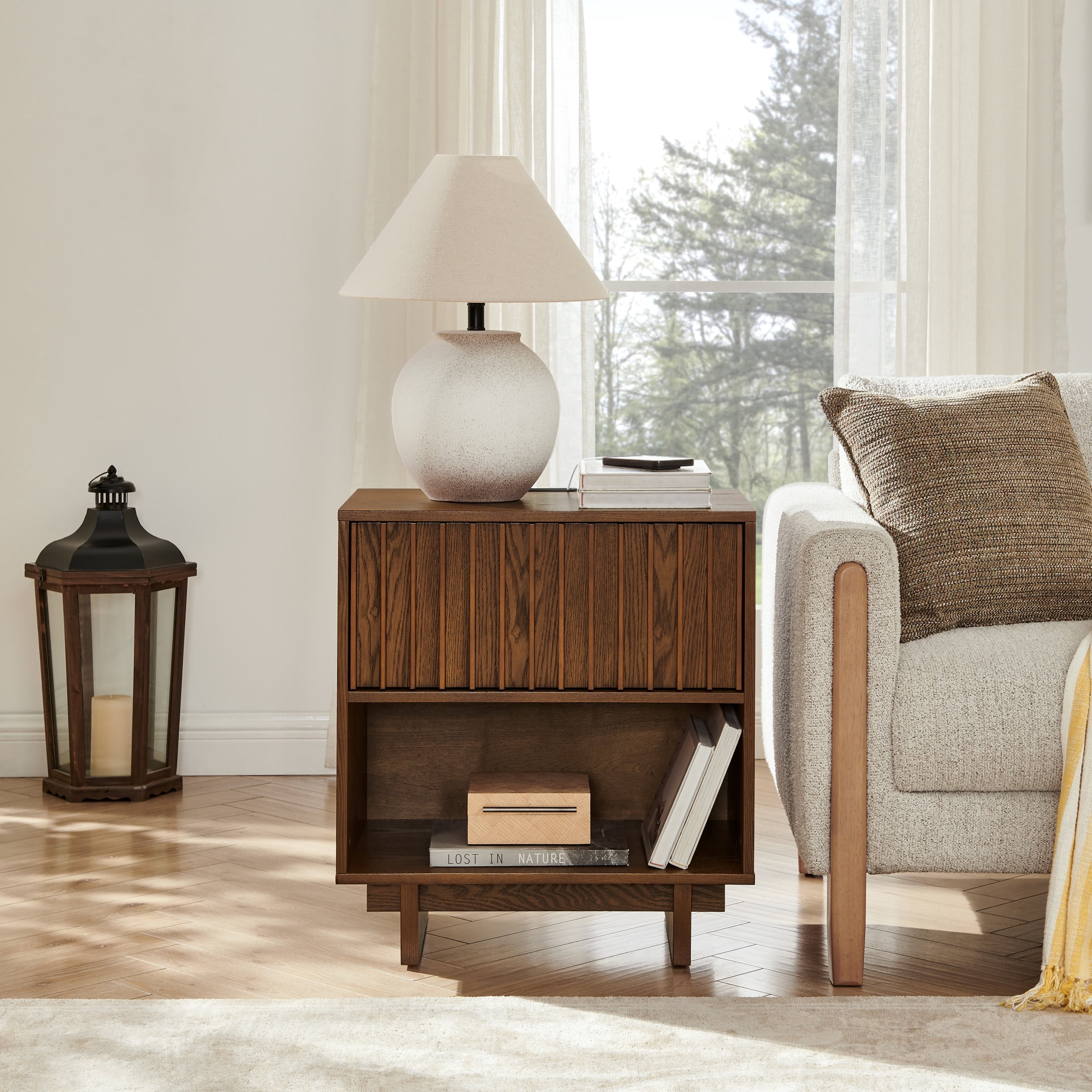 GDF Studio 23.4" Grille Slat Nightstand with Charging Station, Drawer & Open Shelf, Walnut