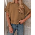thumbnail image 2 of PUWEI Women's Crochet Short Sleeves Sweater Round Neck Ruffled Hem Pullover Casual Knit Top Blouse, 2 of 7