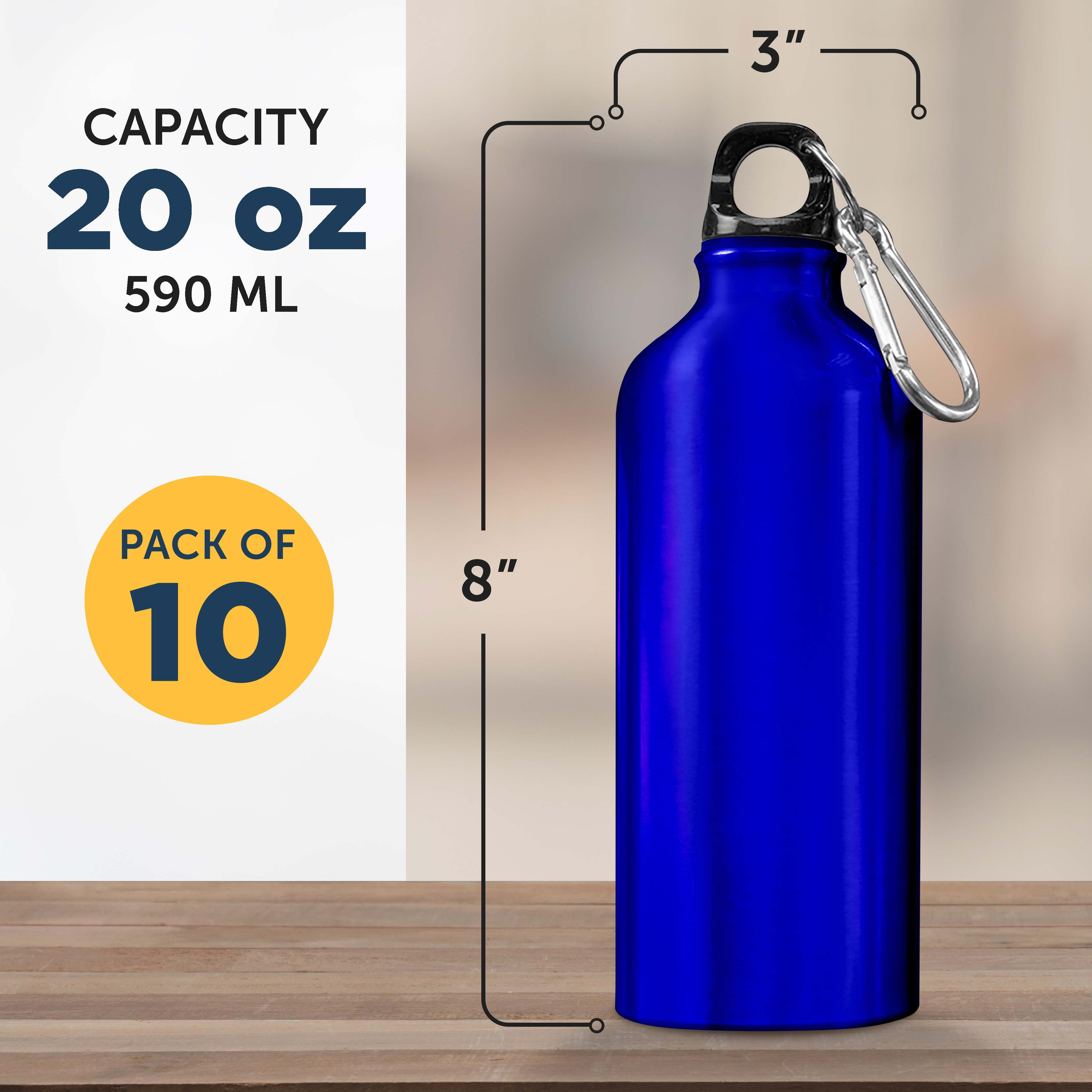 Water Bottles with Carabiner 20 oz. Set of 10, Bulk Pack - Aluminum, For School, Kids sports bottle - Blue