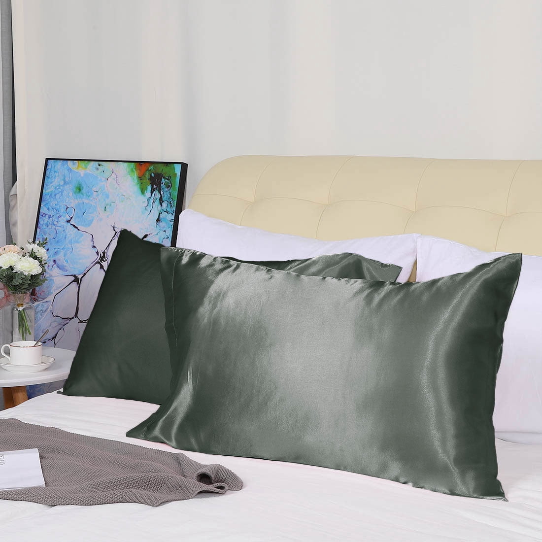 Unique Bargains 4 Pack Satin Pillowcases with Envelope Closure Grey Standard
