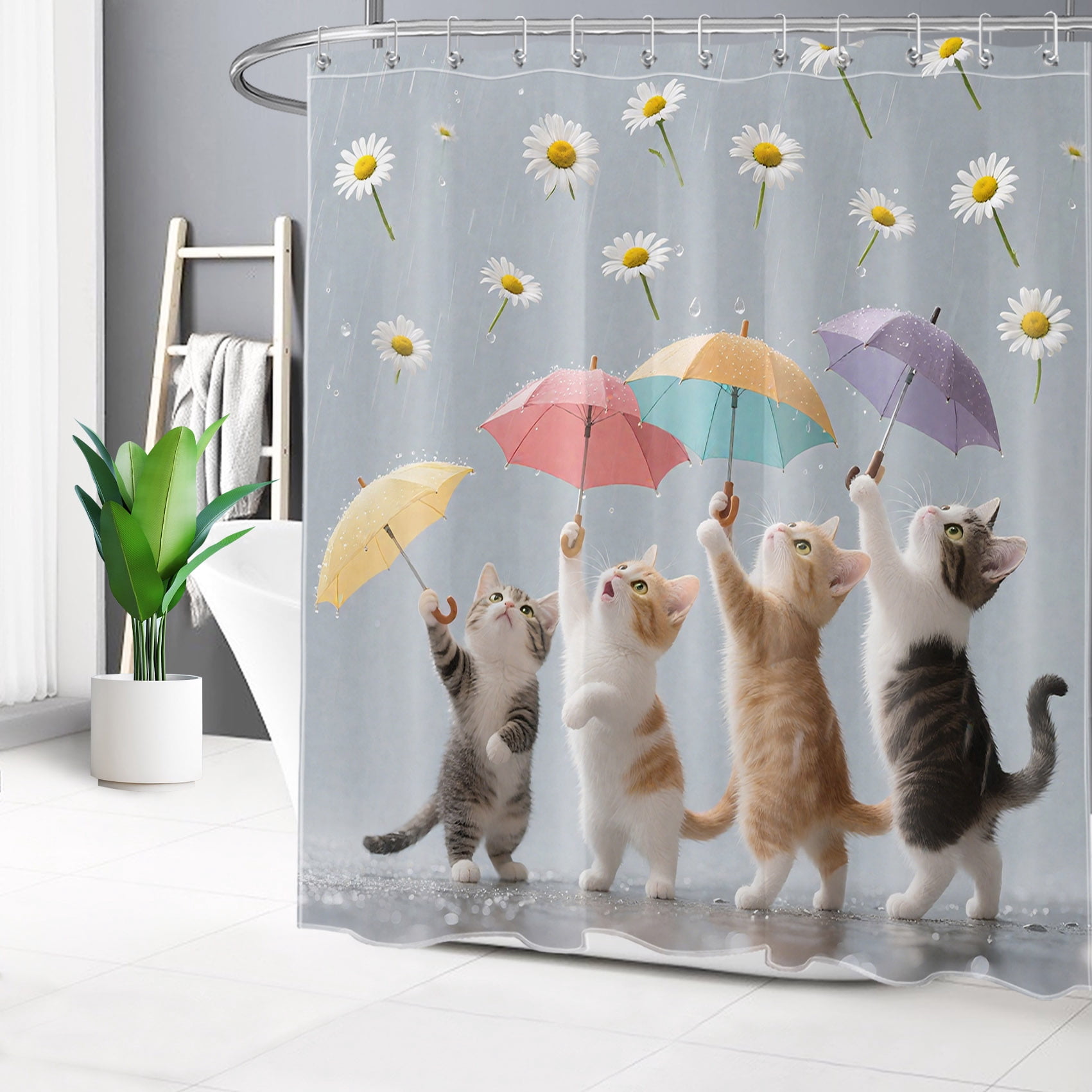 HVEST Cute Funny Cat Shower Curtain with Umbrella and Daisy Flower Design - Cute Animal Bathroom Decor, Waterproof Polyester Fabric, Includes 12 Hooks, 72x78 Inches