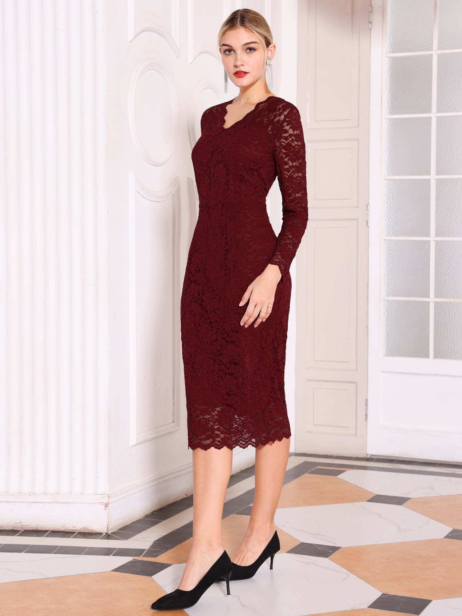 DARING DIVA Floral Lace Wedding Bodycon Pencil Dress M Wine Red