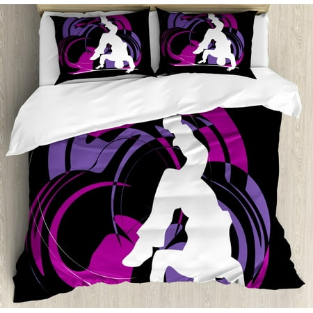 Hip Hop King Size Duvet Cover Set, Youth Person Silhouette Doing Head Spin Move on the Floor Colorful Image Print, Decorative 3 Piece Bedding Set with 2 Pillow Shams, Multicolor, by