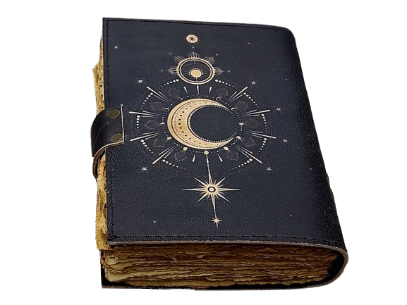 Celestial Leather Journal with Crescent Moon Design, 5x7 Inch Handmade Notebook, 200 Vintage Handmade Paper Pages, Antique Locking Diary for Writing & Sketching