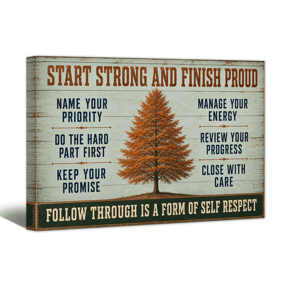 Start Strong Finish Proud Canvas Wall Art Motivational Quotes Picture Print, Positive Retro Artwork Affirming Tree Painting for Home Living Room Bedroom Office Decor