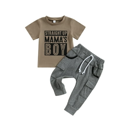 

Toddler Baby Boy Clothes Letter Print Short Sleeve T-Shirt Tops and Cargo Jogger Pants Set 2pcs Summer Outfits Brown 18-24 Months