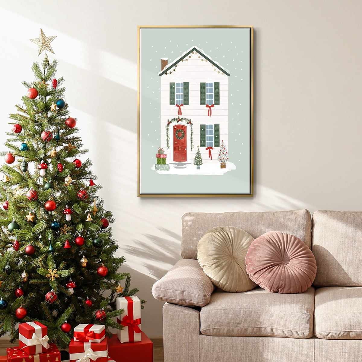 Festive Front Door III - Framed Gallery Wrapped Holiday Canvas - 17 x 25 - Gold Frame
