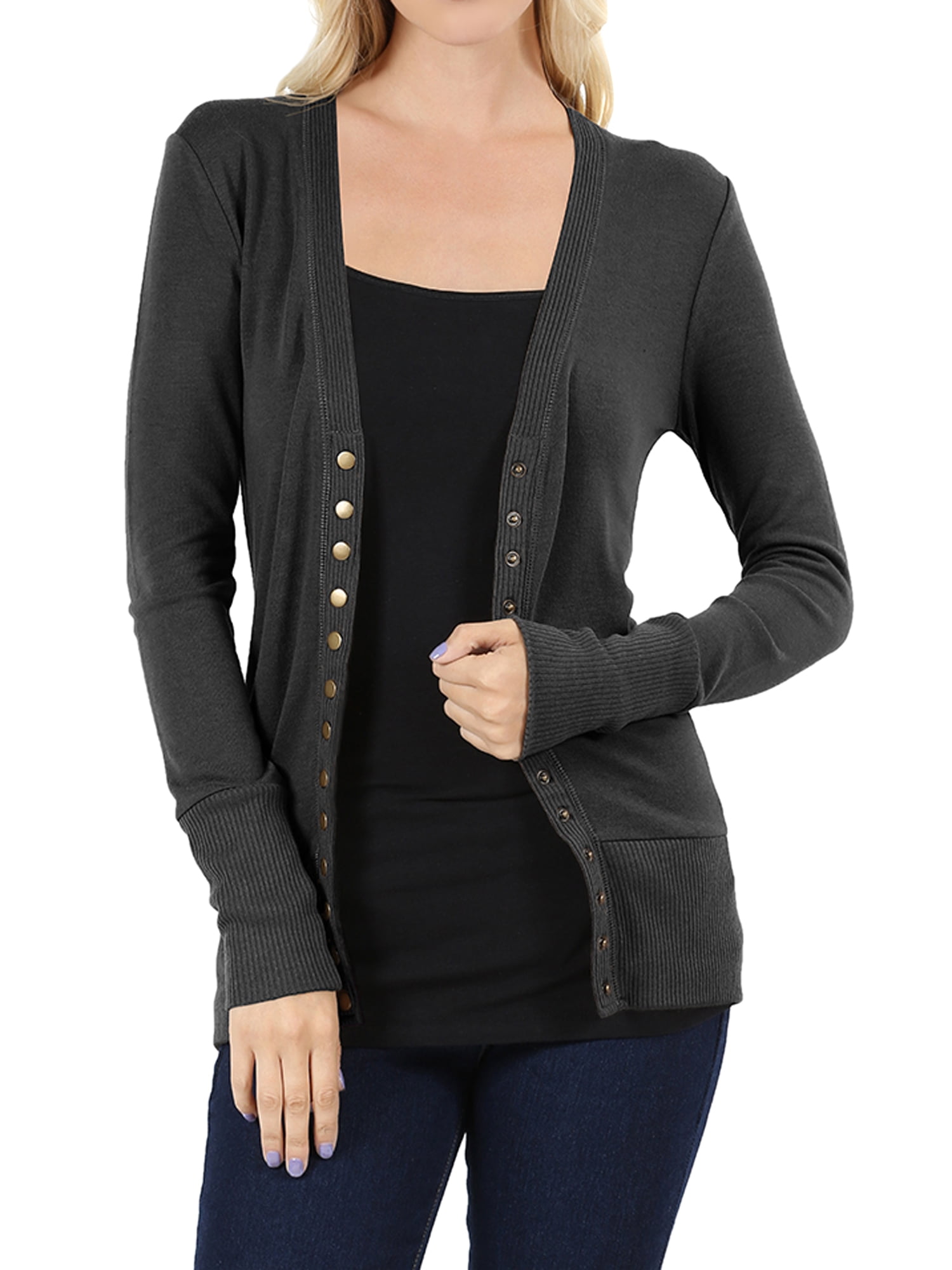 TheLovely Women Classic Thin Snap Button Front VNeck Button Down