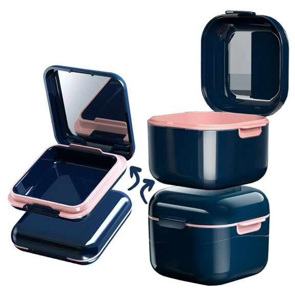 Retainer Case 2 Pack, Denture Case with Mirror, Denture Bath Box with Strainer Basket, Denture Holder Night Guard Storage Soak Container for Travel, Braces Cleaner Kit