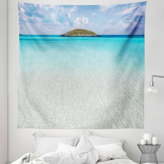 Beach Tapestry, Paradise Beach in Caribbean Water a Small Island Scene Dream Away Art Print, Fabric Wall Hanging Decor for Bedroom Living Room Dorm, 5 Sizes, Cream Turquoise, by Ambesonne