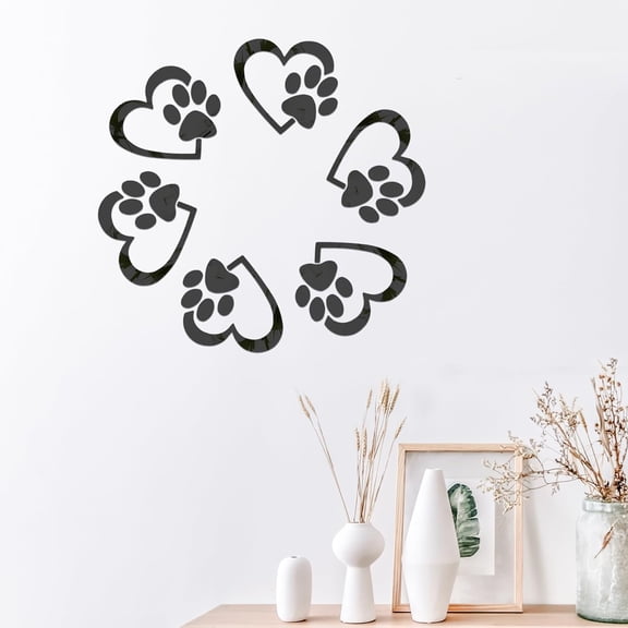 BZUEPRS 6Pcs Dog Paw Print Heart-Shaped Mirror Wall Sticker Self-Adhesive Wall Mirror Sticker Acrylic Mirror Decoration Gift for Dog Lovers Bedroom Decoration (Black)