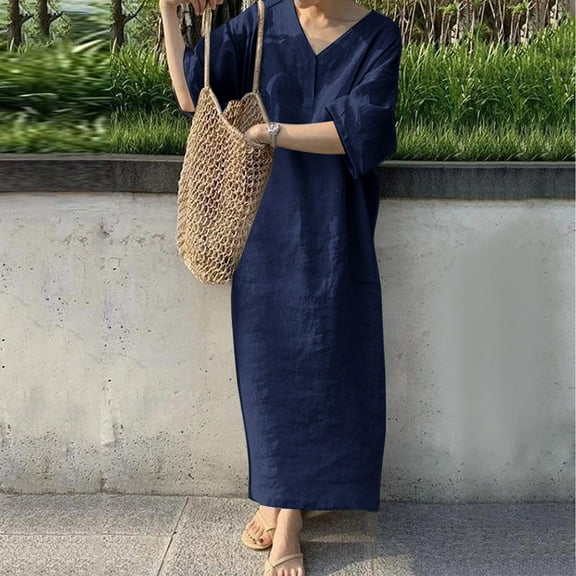 Usmixi Dresses for Women Beach Casual Loose Comfy Cotton Linen Long Sundress 3/4 Sleeve V-Neck Solid Summer Maxi Formal Dress Navy l