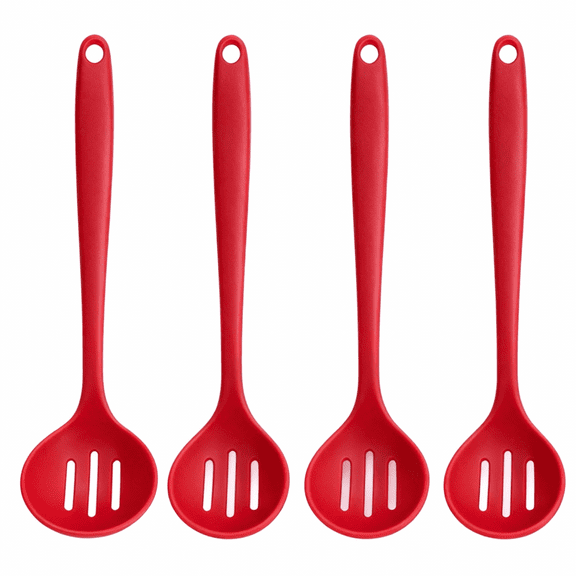 4 Pcs Silicone Mixing Spoon Set, 8x2 inch Heat Resistant Spoons, Non-stick Basting Spoon for Kitchen Cooking, Mixing, Baking, Serving and Stirring,Red
