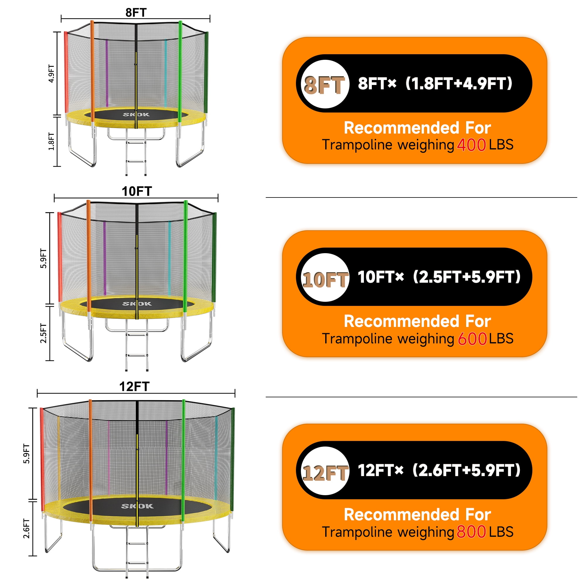 SKOK 8FT Backyard Trampoline with Enclosure Net & Ladder, Upright-Poled Outdoor Colorful Trampoline, 400LBS Capacity Waterproof Durable Trampoline for Kids & Adults Family Birthday Gift