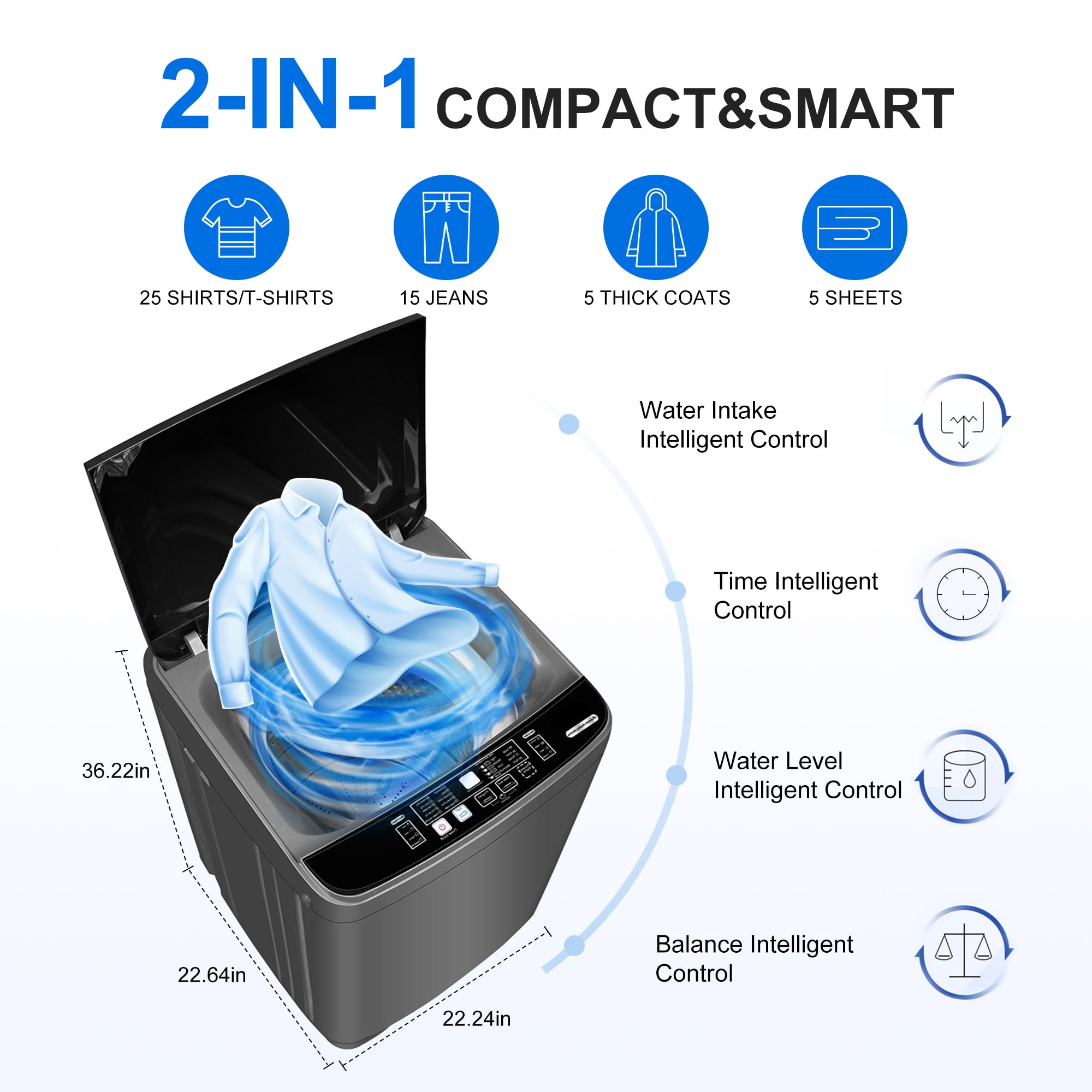 GGTB 25lbs Portable Washing Machine - Fully Automatic Top Load Washer with Stainless Steel Tub for Apartments Dorms