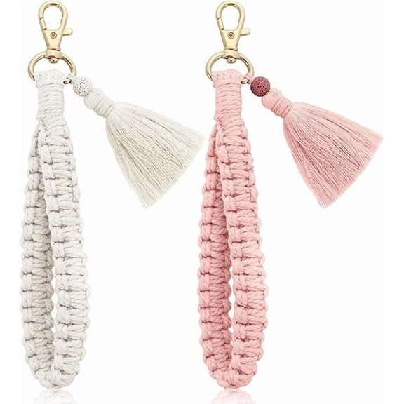 2Pcs Macrame Wristlet Keychains for Women, Crochet Boho Keychain Bracelet, Cute Tassel Wrist Lanyard Keyring, Sturdy Handmade Key Chain Wristlet Strap for Car Keys (White, Pink)