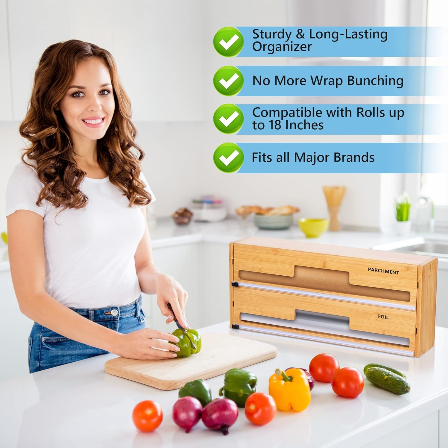 18 Inch Large Foil Wrap Dispenser with Cutter, 2 in 1 Aluminum Butcher Parchment Paper Freezer Tin Wax Cling Foil Plastic Wrap Organizer for Kitchen Drawer Bamboo Storage Roll Holder
