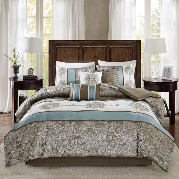 Madison Park Queen Size Jacquard 7 Piece Comforter Set Blue,Bed in a Bag,All Season Bed Set,Cozy and Lightweight