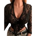thumbnail image 1 of Txlixc Top corto de primavera y verano para mujer, camiseta negra de manga larga con cuello en V profundo, camiseta de encaje transparente Txlixc moda, 1 of 7