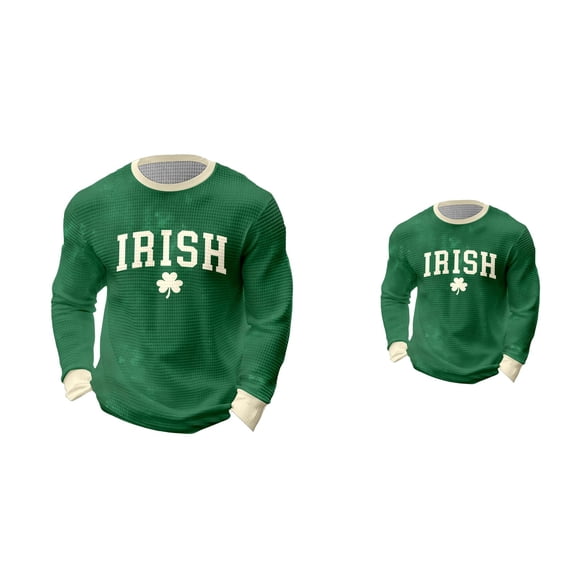 St. Patrick's Day Herringbone Grid Print Long Sleeve Tee, Men's Irish Clover Shamrock Shirt for Casual Wear