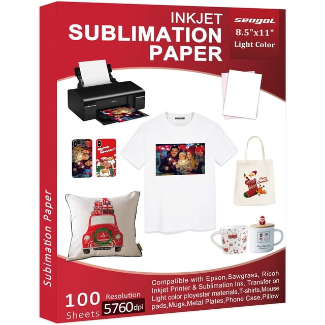 Sublimation Paper 100 Sheets 8.5 x 11 Inches, for Any Inkjet Printer with Sublimation Ink Epson, Sawgrass, Heat Transfer Sublimation for Mugs T-shirts Light Fabric