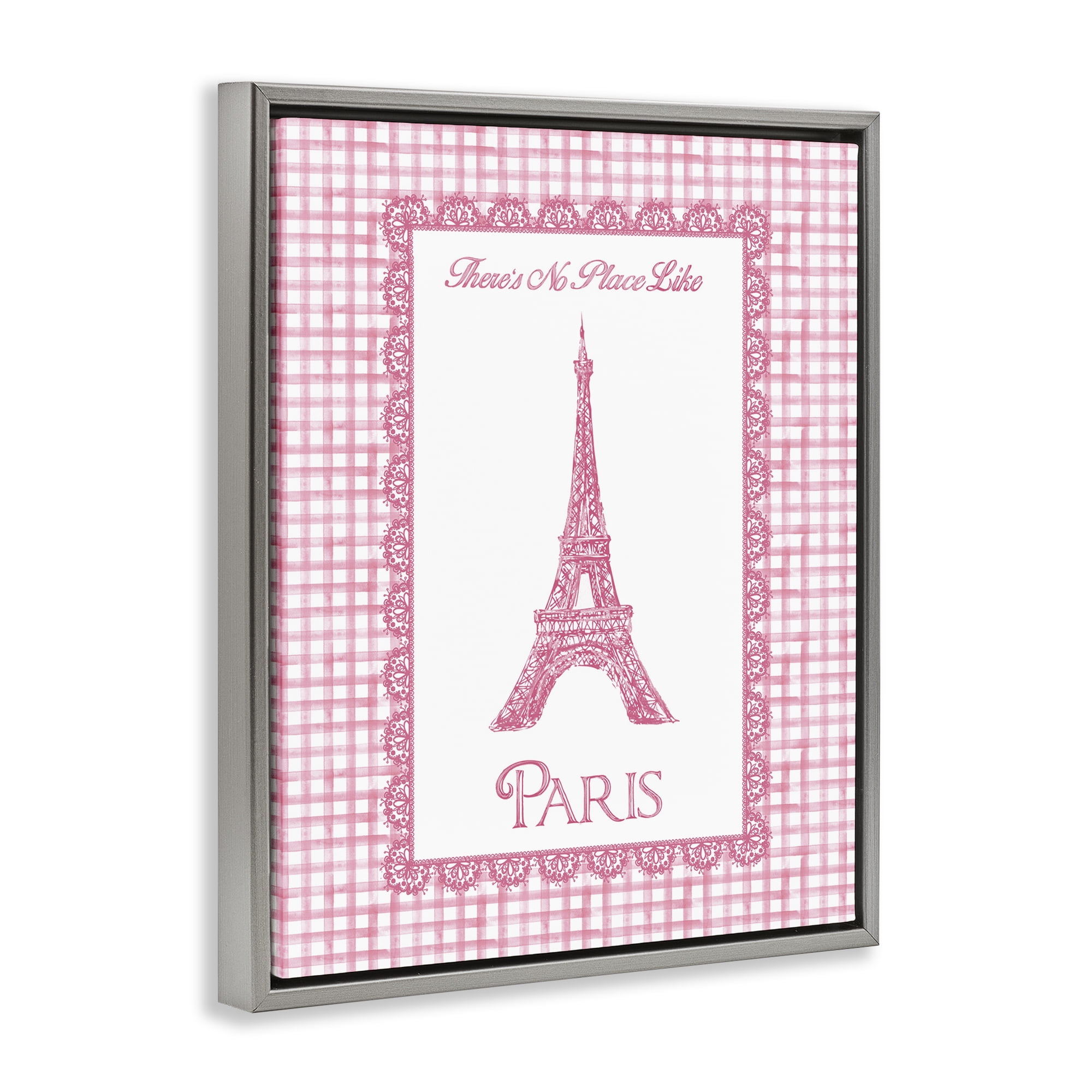 Stupell Industries No Place Like Paris Pink Lace Gray Framed Floater Canvas Wall Art, design by Conrad Knutsen