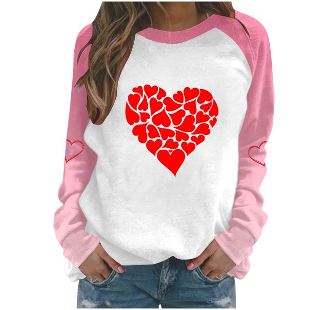 Cameland Rabais Saint-Valentin Femmes Mignon Rouge Cœur Graphique T-Shirts Raglan Manches Longues Col Rond Sweatshirts Ample Décontracté Tops Rose