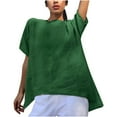 thumbnail image 2 of Spring Summer Women Tops Plus Size Linen Short Sleeve Crew Neck Pullover Blouse Shirt Solid Color Casual Loose Asymmetrical Going Out Tops For Women, 2 of 6