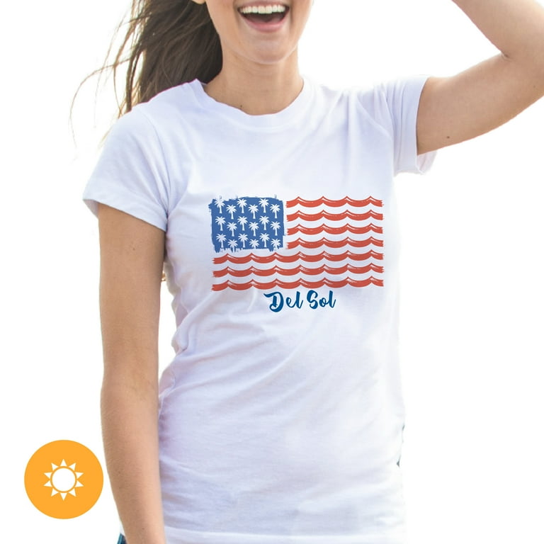 Del Sol Youth Girls Crew Tee - Tropical Americana, White T-Shirt - Changes from Gray & White to Red, White & Blue colors in the Sun - 100% Combed, Ring -Spun Cotton, Short