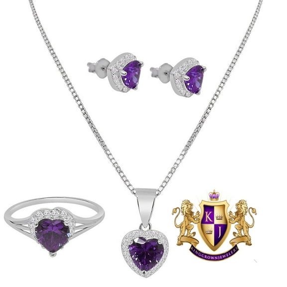 Ladies 10K White Gold Over Real Sterling Silver Purple Amethyst Love Heart Pendent Charm Chain Neckless Earrings Ring 3 Piece Combo Set