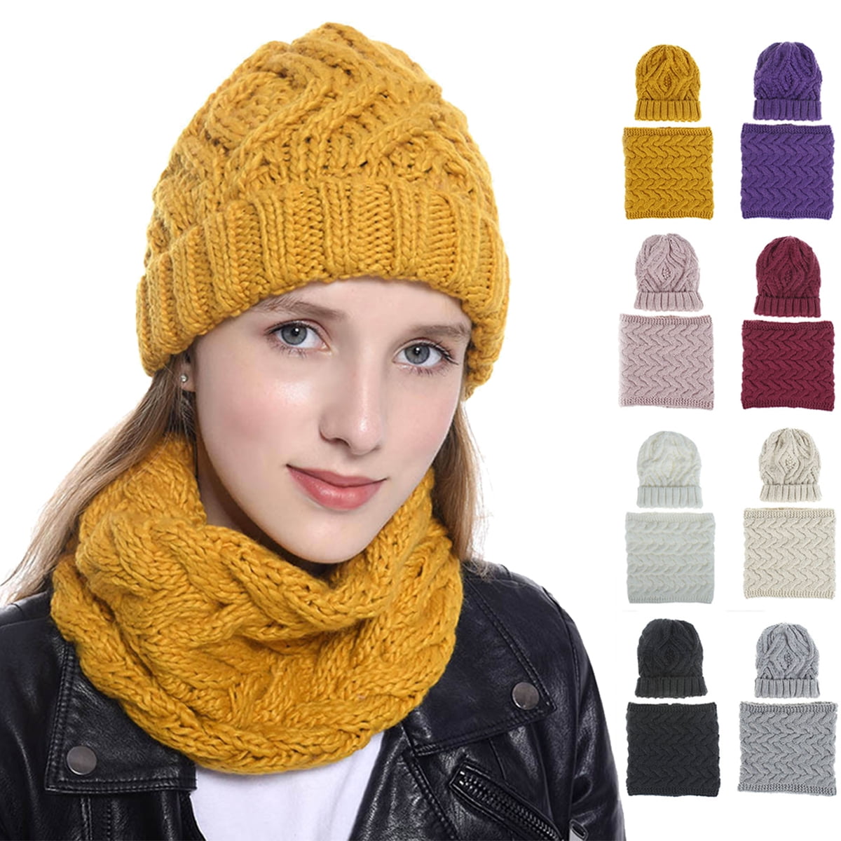 Viworld Winter Hat and Scarf Set for Women Warm Knitted Diamond Plaid