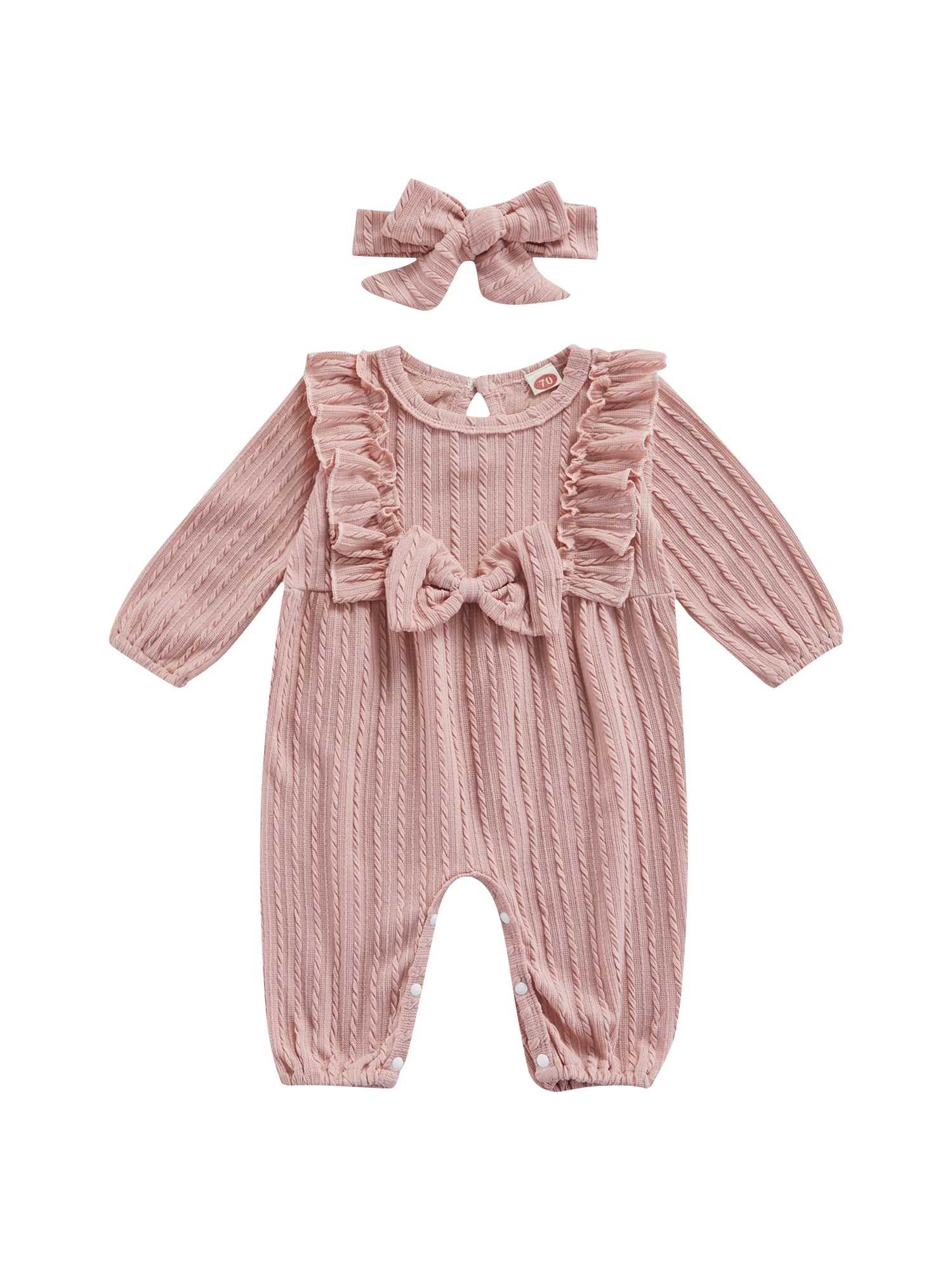 Infant Baby Girls Long Sleeve Cotton Bow Ruffles Solid Romper Jumpsuit Clothes 