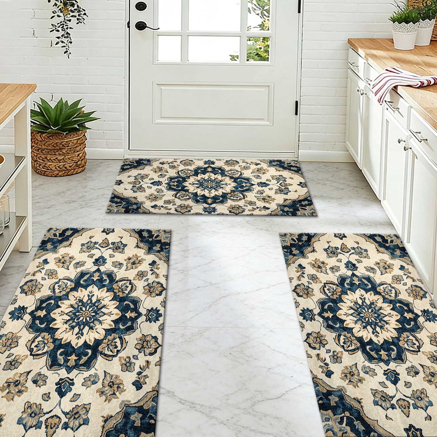 3 Piece Kitchen Rug Set, Non-Slip And Washable, Abstract Pattern Kitchen Hallway Rug, Soft And Comfortable, Suitable For Sinks, Floors, Entrances, Hallways and Bathrooms