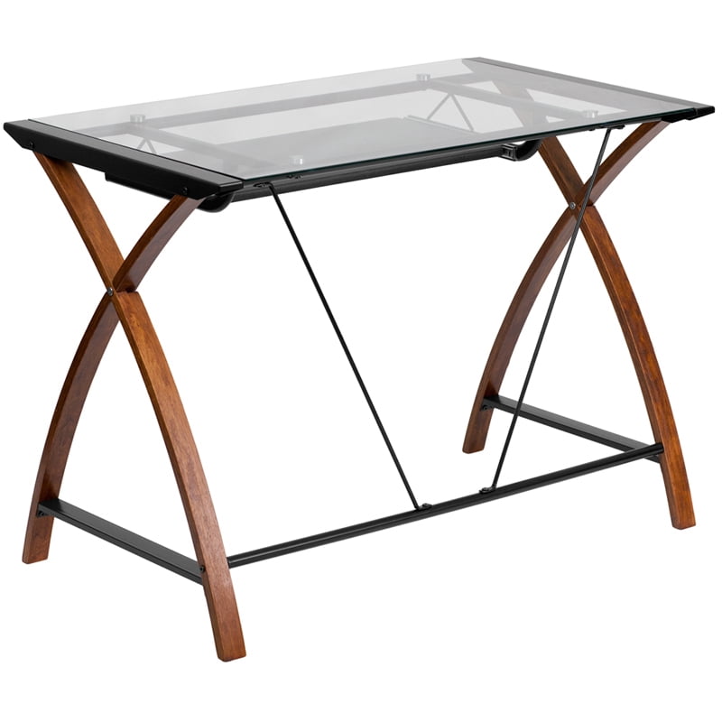 Flash Furniture Jude Tempered Glass Computer Desk with Pull-Out Keyboard Tray, Cherry/Clear