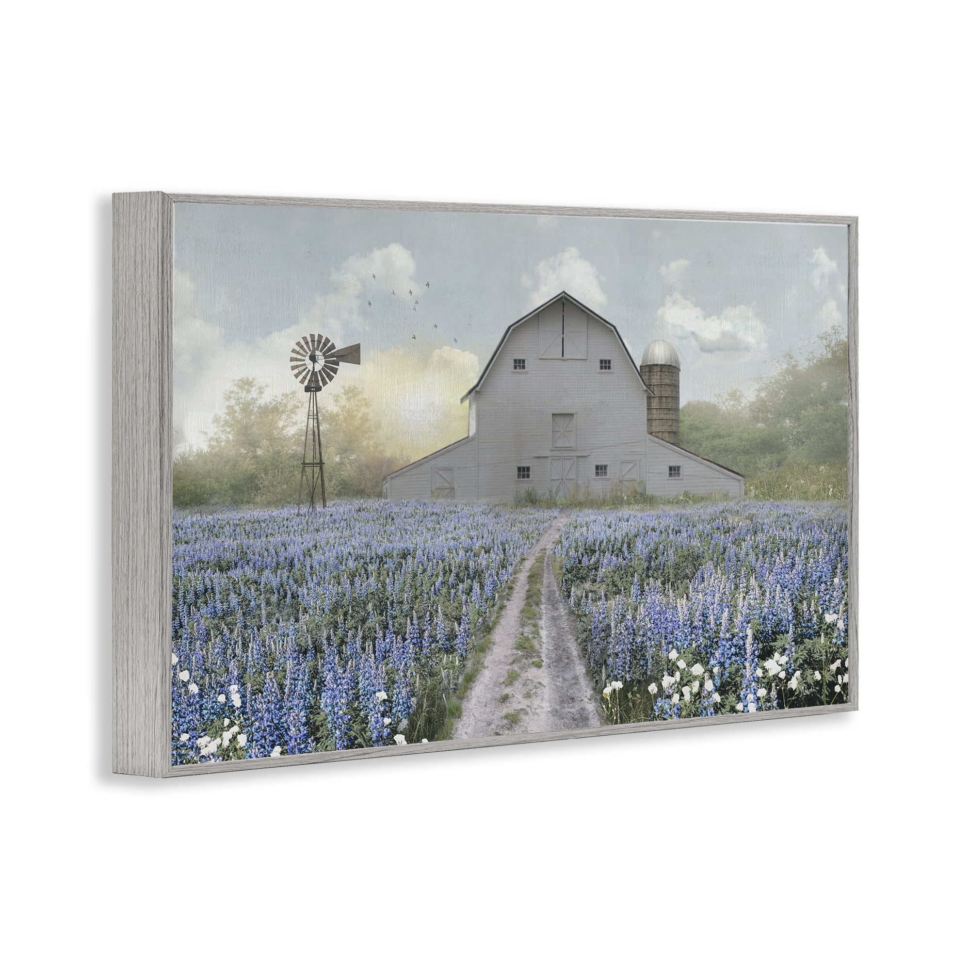Stupell Industries Meadow of Blue Flowers & Barn Gray Framed Giclee Art, design by Nan