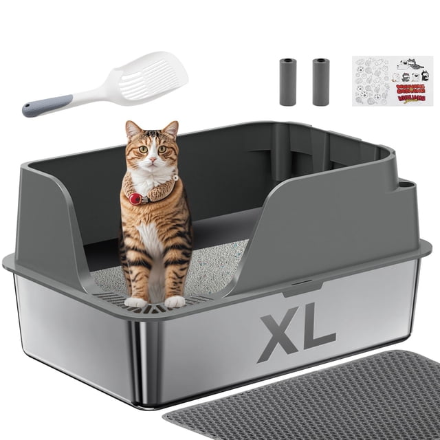 Caja de arena para gatos de acero inoxidable XL extra grande con tapa gris