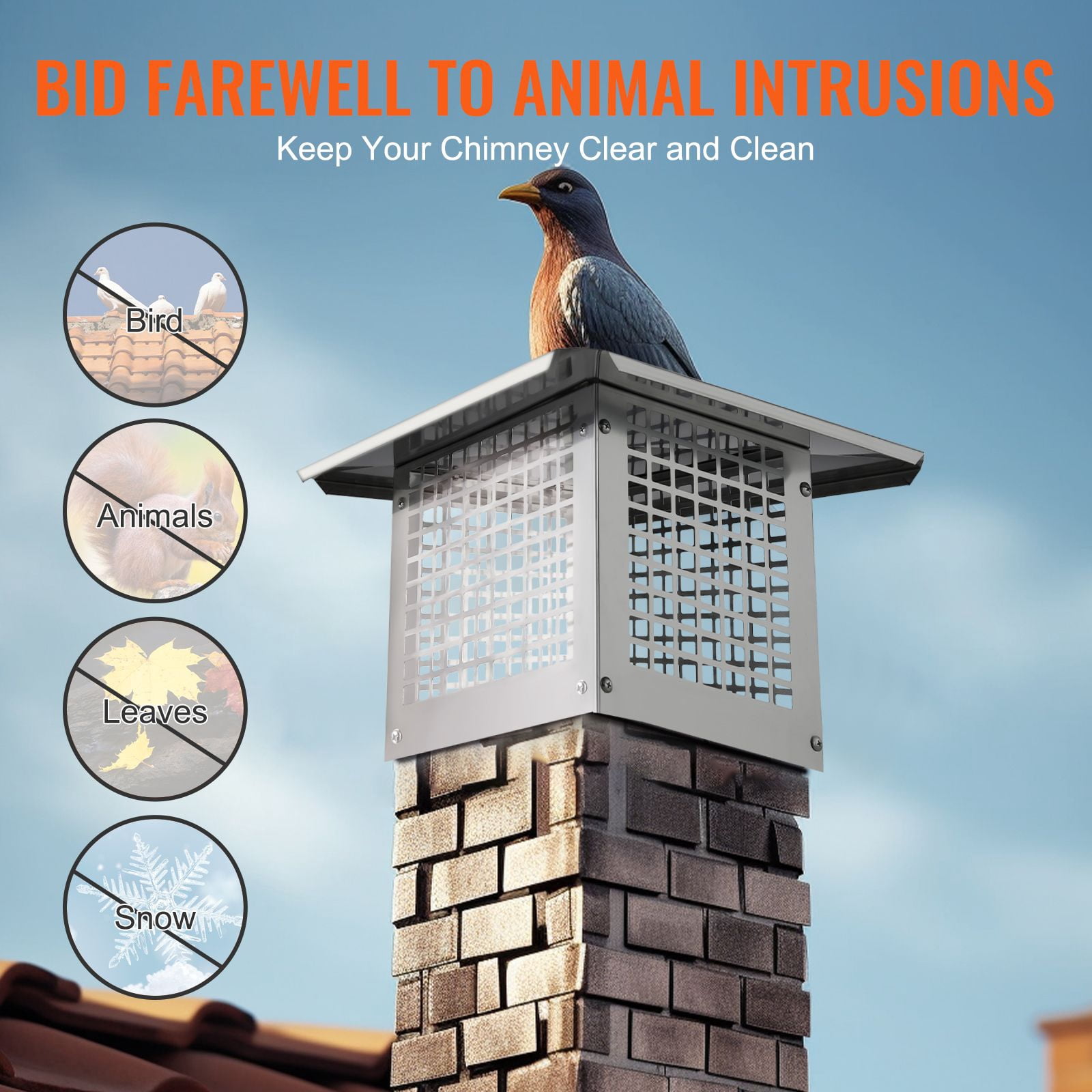 Chimney Cap 304 Stainless Steel, 2 Installation Methods, Wind-Resistant Mesh, Pre-Drilled Holes, for Brick Metal Chimneys Fireplace