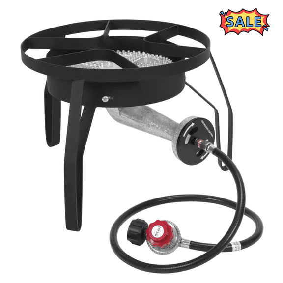 Tcbosik Propane Burner  Heavy-Duty Gas Stove  200,000 BTU Outdoor Cooker with 0-20psig High Pressure Valve and 1.2m Leather Tube for Camping, Hiking, Cooking, Picnic - Black